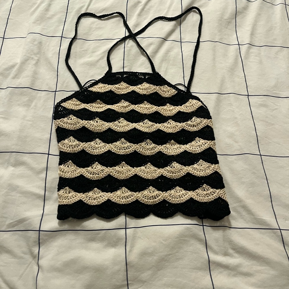 ZARA Black and Cream Crochet Halter Top